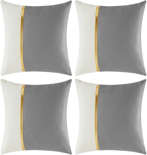 4 Packs Grey Decorative Throw Pillow Covers 18x18 Inch for Living Room Couch Bed Sofa, Gray and White Velvet Patchwork with Gold Leather, Luxury Home Decor Square Cushion Case 45x45 cm