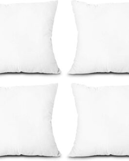 Throw Pillow Inserts, Set of 4 Lightweight Down Alternative Polyester Pillow, Couch Cushion, Sham Stuffer, Machine Washable. (White, 18×18)
