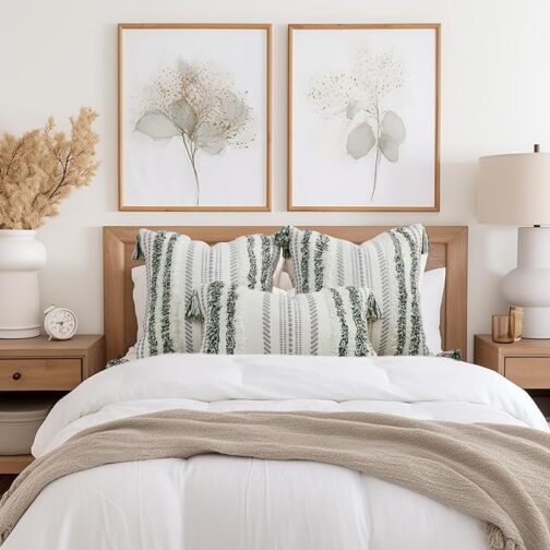 Decorative Boho Throw Pillow Cover 18x18, Accent Neutral Textured Tufted Pillow Cover Striped for Couch Bed Sofa, Green and Cream White, Pack of 1 - Image 2