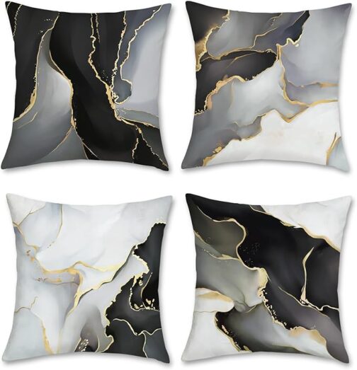 Black Gold Grey Marble Throw Pillow Covers 18 x 18 Inch Marble Texture Modern Decorative Pillow Cases for Couch Sofa Bed Home Decor Set of 4