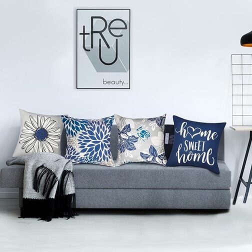 Decorative Throw Pillow Covers Set of 4 Blue Pillow Covers 18x18 inch Throw Pillow Cases Linen Square Pillow Case,Farmhouse Outdoor Modern Boho Pillow Covers for Couch Sofa Living Room - Image 2