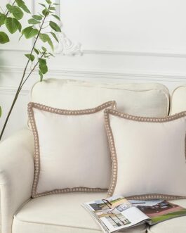 Pack of 2 Farmhouse Decorative Throw Pillow Covers Burlap Linen Trimmed Tailored Edges Square Pillowcases for Couch Sofa Bed Living Room, Off White 18×18 Inch