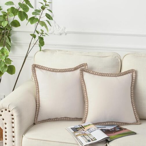Pack of 2 Farmhouse Decorative Throw Pillow Covers Burlap Linen Trimmed Tailored Edges Square Pillowcases for Couch Sofa Bed Living Room, Off White 18x18 Inch