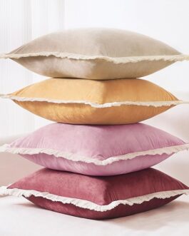 Decorative Throw Pillow Covers, Set of 4 Soft Velvet Modern Fringe Tassel Designs, Mix and Match for Home Decor, Pillow Inserts Not Included (18×18 inch, Beige/Dusty Pink)