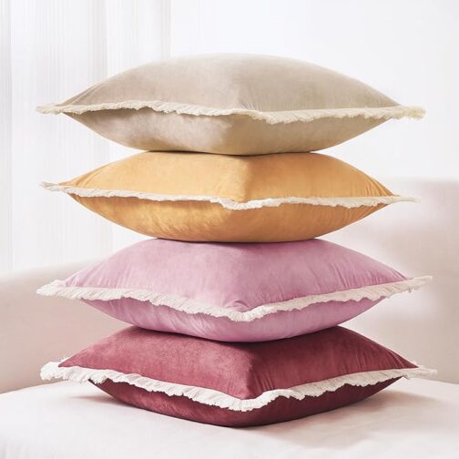 Decorative Throw Pillow Covers, Set of 4 Soft Velvet Modern Fringe Tassel Designs, Mix and Match for Home Decor, Pillow Inserts Not Included (18x18 inch, Beige/Dusty Pink) - Image 2