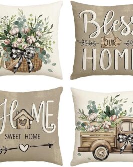 Bless Our Home Farmhouse Eucalyptus Leaves Throw Pillow Covers, 18 x 18 Inch Truck Home Sweet Home Cushion Case Decorations Set of 4