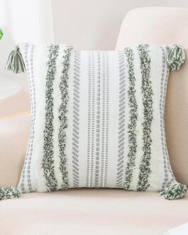 Decorative Boho Throw Pillow Cover 18×18, Accent Neutral Textured Tufted Pillow Cover Striped for Couch Bed Sofa, Green and Cream White, Pack of 1