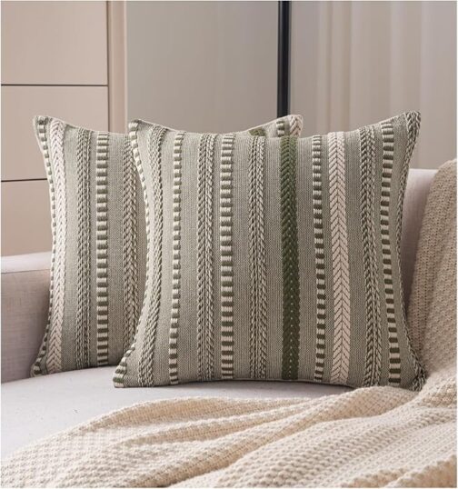 Boho Throw Pillow Covers 20x20 Inch Set of 2, Farmhouse Decorative Couch Pillow Cases, Green Accent Pillows of Bed, Sofa Bedroom Living Room Home Decor Cushion Cover - Image 2
