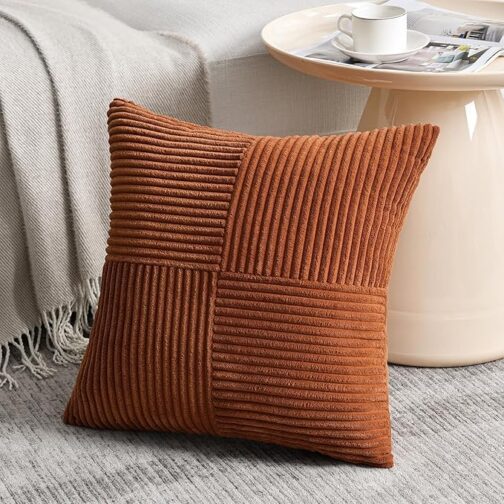 2 Packs Rust Boho Decorative Throw Pillow Covers 18x18 Inch for Couch Bed Sofa, Farmhouse Fall Home Decor, Soft Corss Corduroy Patchwork Textured Terracotta Accent Cushion Case 45x45 cm - Image 2