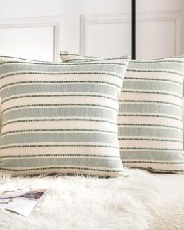 Decorative Boho Throw Pillow Covers, Farmhouse Textured Pillow Case, 18 x 18 Inch Set of 2, Chair Sofa Bedroom Living Room Home Decor Couch Cushion Case, Green and Beige Striped