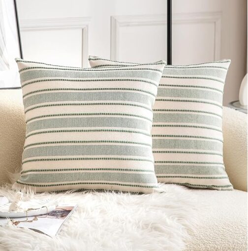 Decorative Boho Throw Pillow Covers, Farmhouse Textured Pillow Case, 18 x 18 Inch Set of 2, Chair Sofa Bedroom Living Room Home Decor Couch Cushion Case, Green and Beige Striped