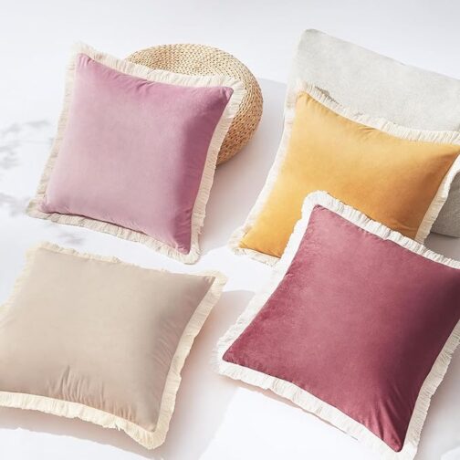 Decorative Throw Pillow Covers, Set of 4 Soft Velvet Modern Fringe Tassel Designs, Mix and Match for Home Decor, Pillow Inserts Not Included (18x18 inch, Beige/Dusty Pink)