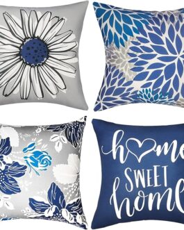 Decorative Throw Pillow Covers Set of 4 Blue Pillow Covers 18×18 inch Throw Pillow Cases Linen Square Pillow Case,Farmhouse Outdoor Modern Boho Pillow Covers for Couch Sofa Living Room