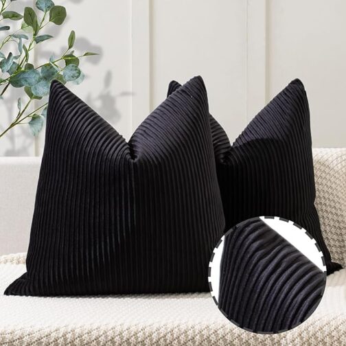 Black Pillow Covers 20x20 Set of 2 Velvet Striped Pattern - Soft Throw Pillows for Home Decor, Luxury Decorative Pillow Covers for Couch, Bed,Living Room