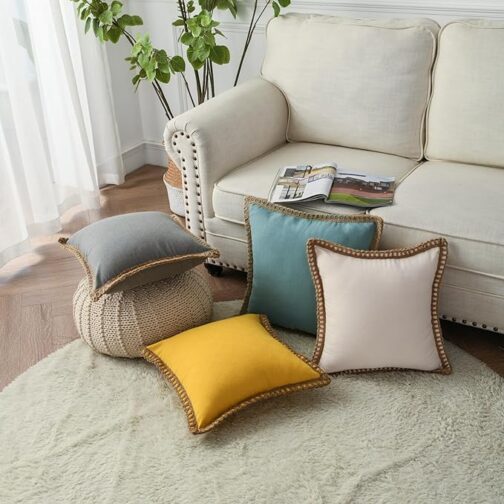 Pack of 2 Farmhouse Decorative Throw Pillow Covers Burlap Linen Trimmed Tailored Edges Square Pillowcases for Couch Sofa Bed Living Room, Off White 18x18 Inch - Image 2