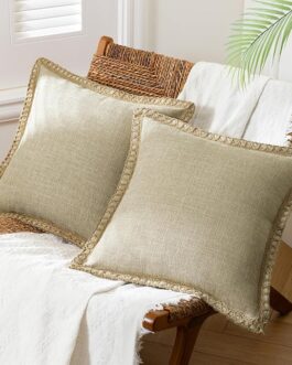 Pack of 2 Farmhouse Modern Fall Decorative Solid Throw Pillow Cover Burlap Linen Trimmed Tailored Edges Outdoor Pillows, Oatmeal 18 x 18 inches