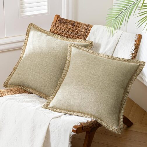 Pack of 2 Farmhouse Modern Fall Decorative Solid Throw Pillow Cover Burlap Linen Trimmed Tailored Edges Outdoor Pillows, Oatmeal 18 x 18 inches
