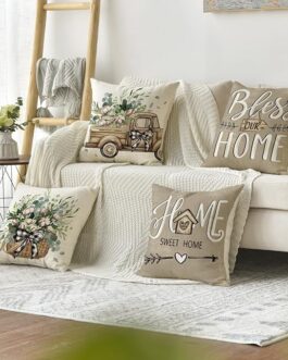 Bless Our Home Farmhouse Eucalyptus Leaves Throw Pillow Covers, 18 x 18 Inch Truck Home Sweet Home Cushion Case Decorations Set of 4