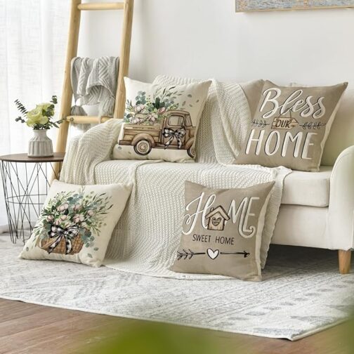 Bless Our Home Farmhouse Eucalyptus Leaves Throw Pillow Covers, 18 x 18 Inch Truck Home Sweet Home Cushion Case Decorations Set of 4 - Image 2