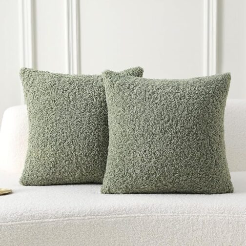 Sage Green Throw Pillow Covers 18x18 Inch Set of 2,Furry Faux Fur Teddy Boucle Textured Cushion Covers,Soft Fluffy Decorative Pillow Case,Home Decor for Couch Bed Living Room Office Car