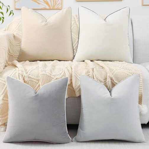 Soft Velvet Throw Pillow Covers 18x18 inch Set of 4, Colorful Decorative Pillow Covers with 4-Color Mix and Match for Bedroom Living Room, Grey & Beige