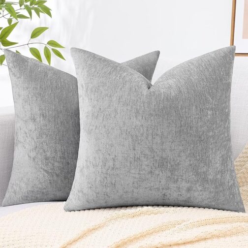 decorUhome Couch Throw Pillow Covers 18x18 Set of 2, Decorative Soft Natural Chenille Solid Dyed Pillow Covers for Sofa Bed Living Room, Ultimate Gray