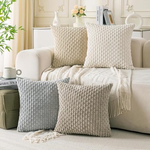 Set of 4 Neutral Decorative Throw Pillow Covers 18x18 Inch Corduroy Pillow Covers for Bed Couch Sofa Living Room Soft Square Cushion Cases
