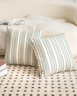 Decorative Boho Throw Pillow Covers, Farmhouse Textured Pillow Case, 18 x 18 Inch Set of 2, Chair Sofa Bedroom Living Room Home Decor Couch Cushion Case, Green and Beige Striped