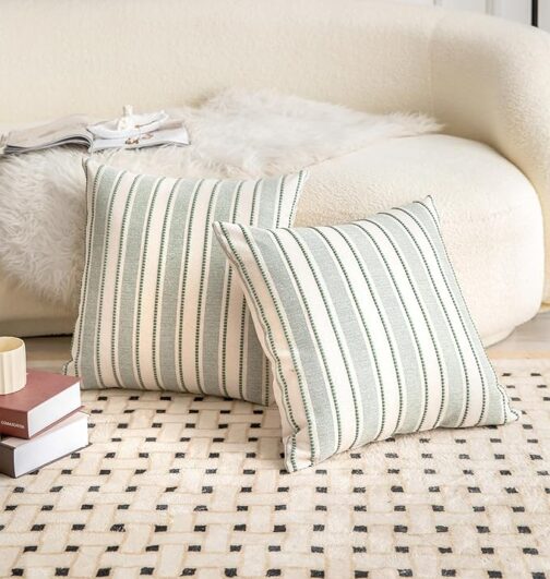 Decorative Boho Throw Pillow Covers, Farmhouse Textured Pillow Case, 18 x 18 Inch Set of 2, Chair Sofa Bedroom Living Room Home Decor Couch Cushion Case, Green and Beige Striped - Image 2
