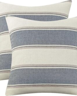 AmHoo Pack of 2 Farmhouse Linen Throw Pillow Cover Cushion Stripe Decoration Buffalo Retro Pillowcase with Hidden Zipper for Sofa Bedroom Car 18 x 18 Inch Blue