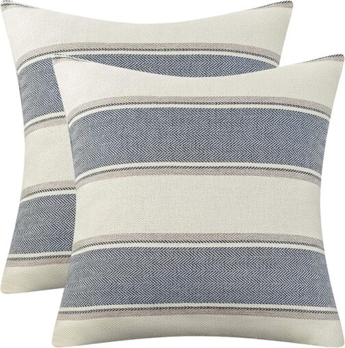 AmHoo Pack of 2 Farmhouse Linen Throw Pillow Cover Cushion Stripe Decoration Buffalo Retro Pillowcase with Hidden Zipper for Sofa Bedroom Car 18 x 18 Inch Blue